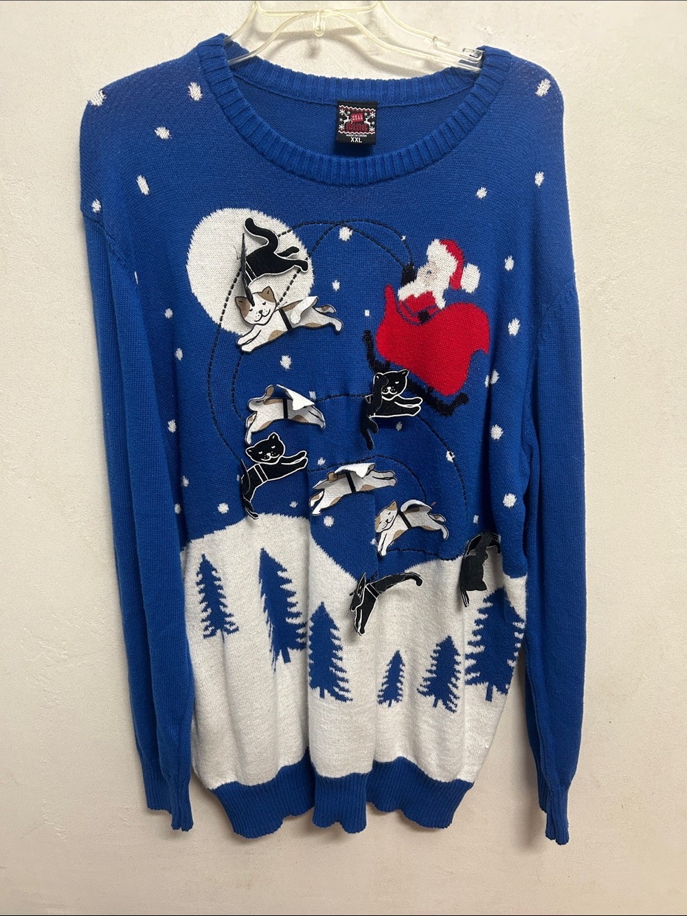 Well Worn Blue Holiday Cat & Santa Crewneck Sweater